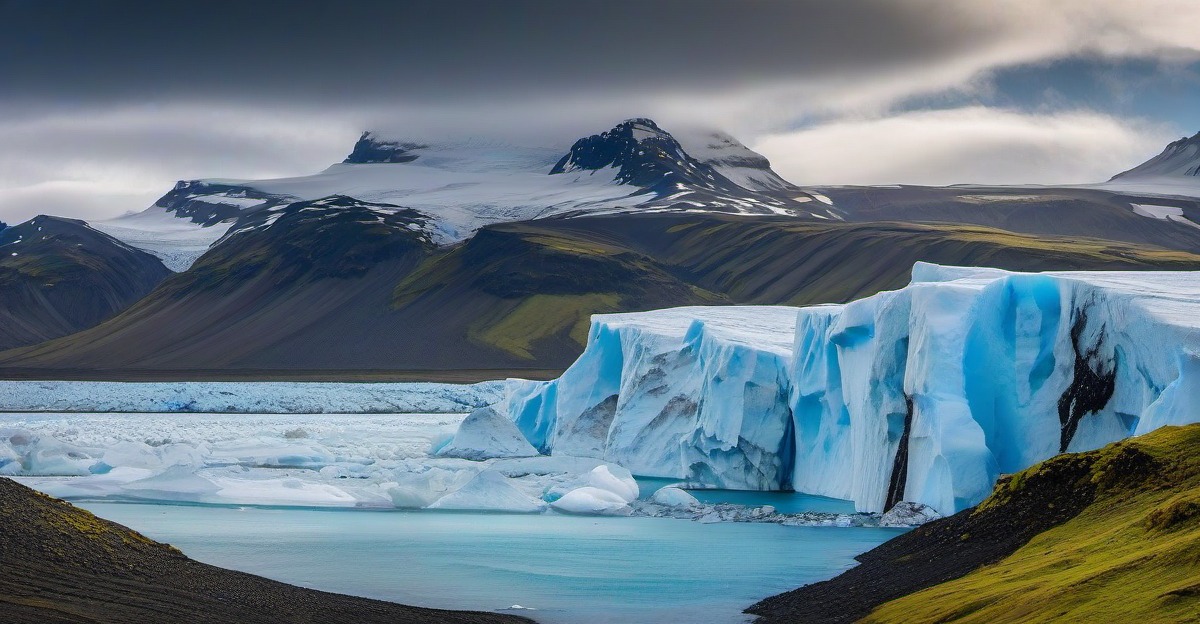 Glacier tongue and meltwater in South Iceland under low seasonal light