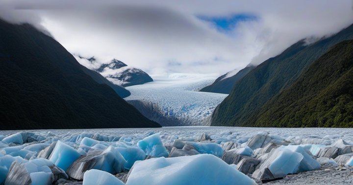 Franz Josef Glacier seen from the rainforest valley floor